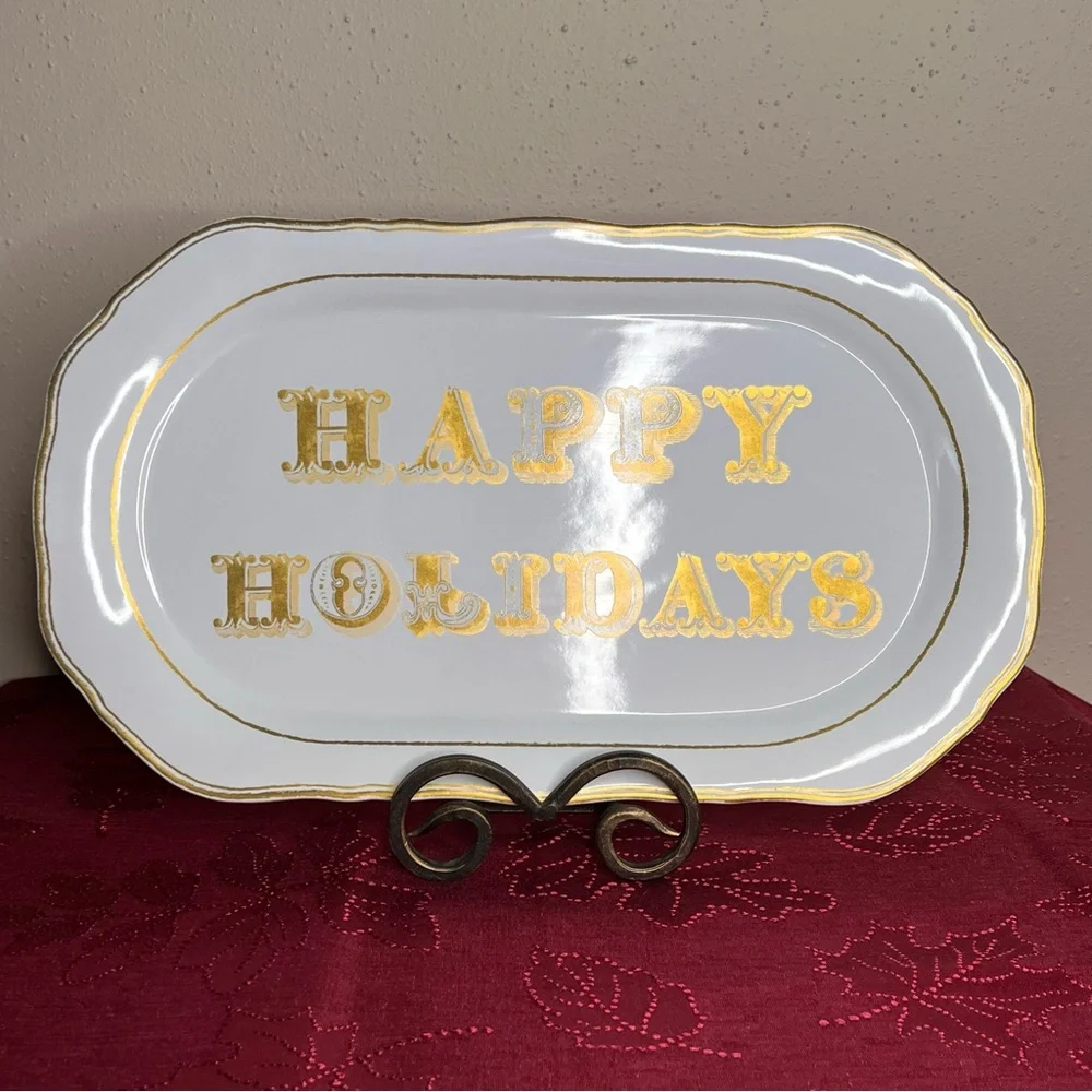 Williams Sonoma Gold and White Holiday Decor Tray 15.5” X 9”